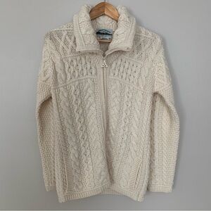 Women’s Aran Crafts Merino Wool Cable Knit Full Zip Sweater Cream XXS